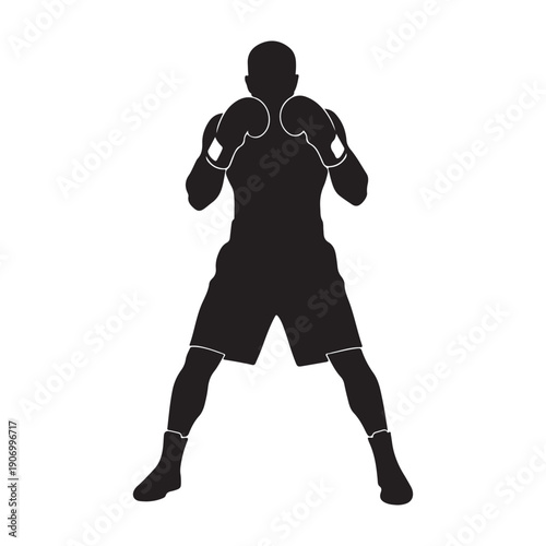 Black silhouette of a boxer in fighting stance with white outline, isolated on transparent background,