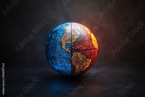 A globe divided into blue and red, symbolizing geopolitical tension