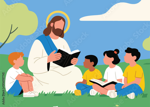 Jesus' Teaching to Children in the Park Illustrator Artwork Creative Design Template 