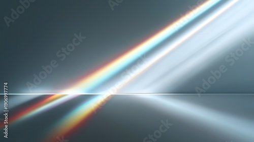 Abstract light beams intersect diagonally, emitting a spectrum of colors ranging from soft blues to bright reds, over a smooth reflective surface, creating a dynamic visual effect
