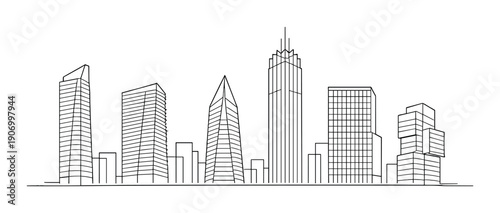 Sleek cityscape skyline with modern skyscraper silhouettes on dark background