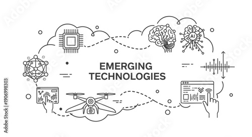 Vector illustration of emerging technologies concept with icons and symbols, for website or presentation background