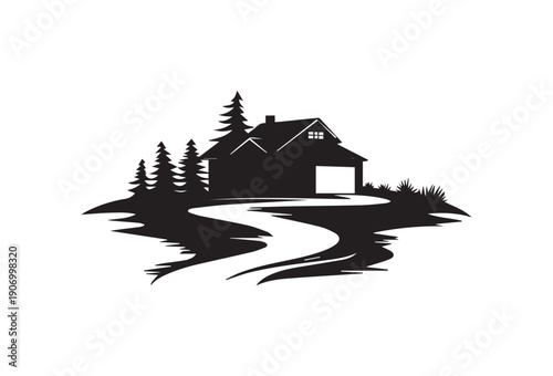 Rustic cabin nestled among pine trees with a winding path