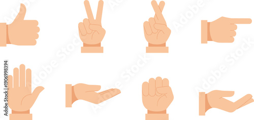 Hand gesture icon set featuring thumbs up, pointing finger, victory sign, open palm, fist, and communication symbols in flat vector style