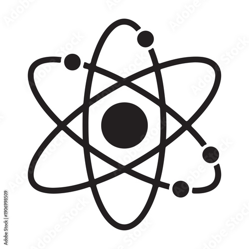 Black vector atom symbol, scientific icon or logo, isolated on transparent background, png