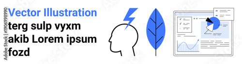 Data analysis, sustainability, innovation, graphic design, project presentation, eco-consciousness. Human head silhouette, leaf data graph. Data analysis and sustainability concept