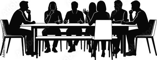 Business meeting silhouettes professional team discussion around conference table collaboration black vector illustration isolated on white background corporate office scene