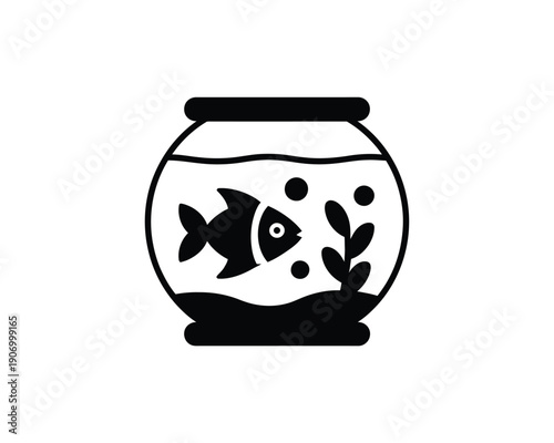 A simple black and white illustration of a fish in a bowl
