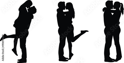 Romantic couple silhouettes kissing hugging love poses black vector illustration isolated on white background relationship passion set romance affection concept