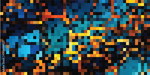 Abstract Pixelated Digital Art with Vibrant Orange and Blue Hues.