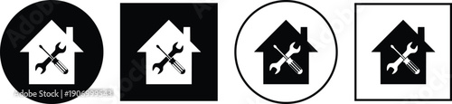 Home Repair and Maintenance Icons Set – House with Tools Service Symbols in Black and White