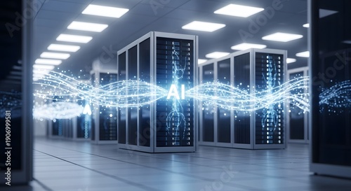 A Hyperscale Data Center room filled with interconnected network devices. 