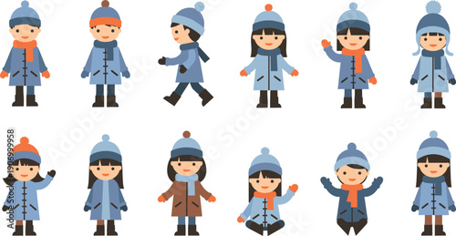 Cute winter children character icon set featuring boys and girls in warm coats, hats, and scarves with happy poses in flat vector style
