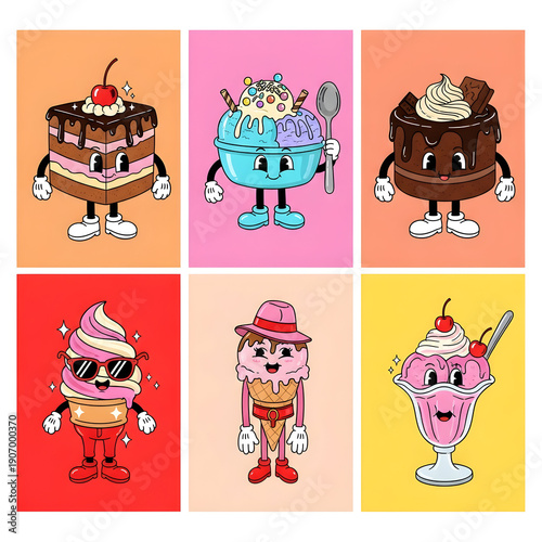 Assorted cartoon desserts with anthropomorphic features on colored backgrounds