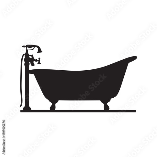 Vintage Clawfoot Bathtub with Ornate Faucet Silhouette Icon for Classic Bathroom Decor. 