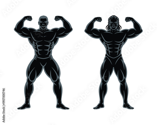 Two muscular men in black posing with flexed arms on a white background