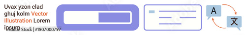 Digital workflow, UI design, language tools, progress tracking, translation services, information flow. Visual of a progress bar, text card and translation symbol. Workflow and UI design concepts