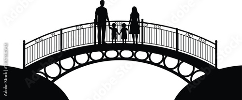 Family silhouette standing on arched bridge parents and children together black vector illustration isolated on white background stock design concept