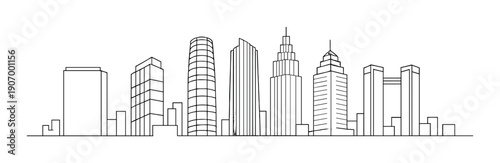Modern city skyline drawing with skyscrapers on gray background