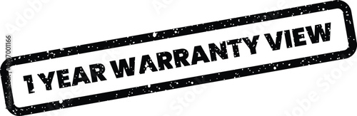 Rectangular grunge textured stamp with “1 Year Warranty View” text, featuring a distressed look