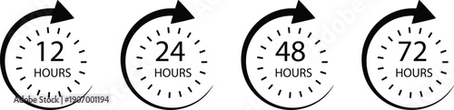 Time Duration Icons Set – 12h, 24h, 48h, 72h Circular Arrow Clock Vector