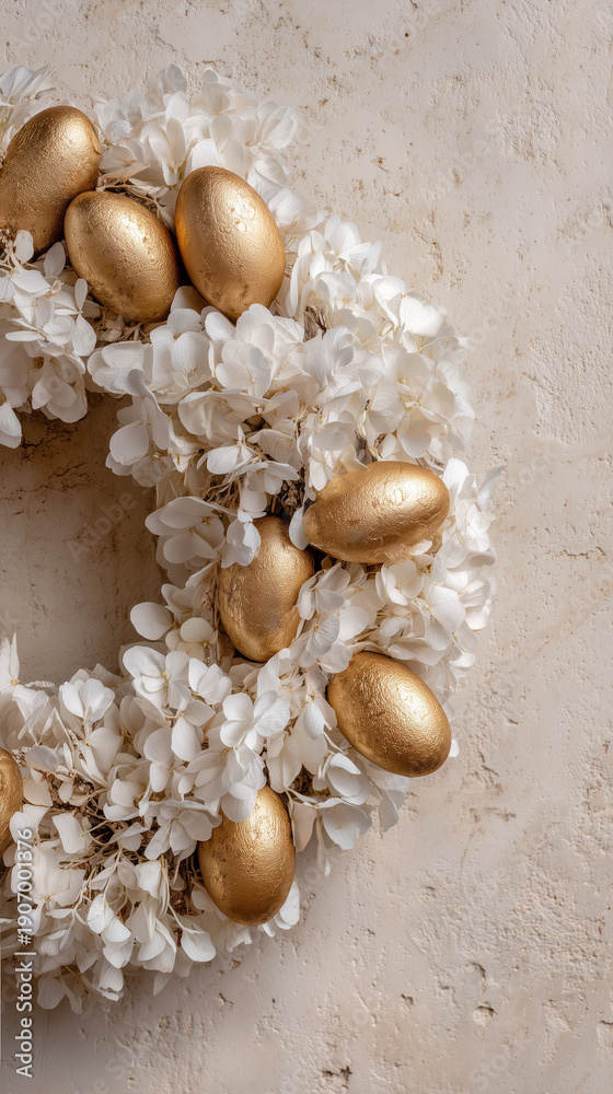 Obraz premium Vertical editorial shot of a high end Easter wreath with golden eggs and white feathers capturing the luxury atmosphere of spring