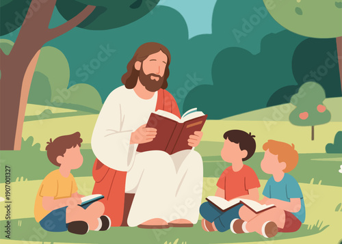 Jesus' Love Teaches Children Illustrator Artwork Creative Design Template 