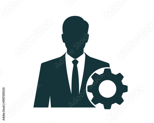 A silhouette of a businessman with a gear icon representing industry and technology