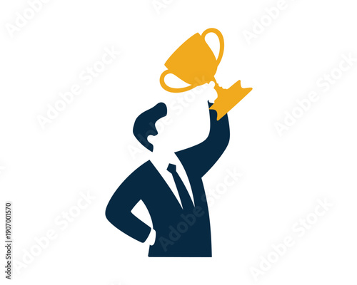 A triumphant businessman holding a trophy cup in victory, symbolizing success and achievement in a corporate setting.
