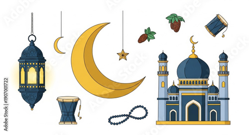 Islamic cultural elements including mosque lantern crescent moon and drum.