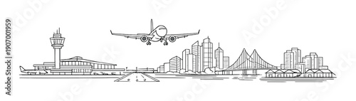 Airplane landing at city airport with skyline and control tower illustration