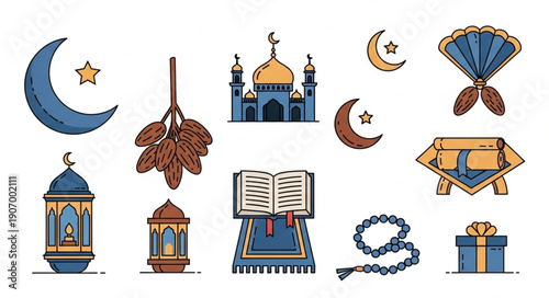 Islamic cultural symbols and objects for Ramadan and Eid celebrations.
