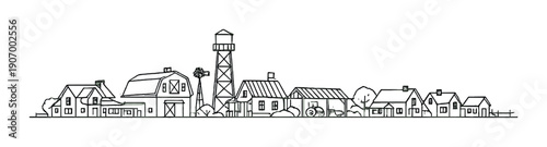Minimalist line art of rural farm village with barn and water tower at night