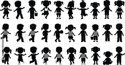 Kids silhouettes set playful boys and girls walking jumping poses black vector illustration isolated on white background stock design icons