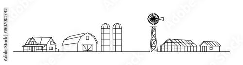 Minimalist farm silhouette with barn, silo, and windmill on gradient background
