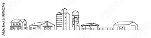 Minimalist farm silhouette with barns and silos on gray background