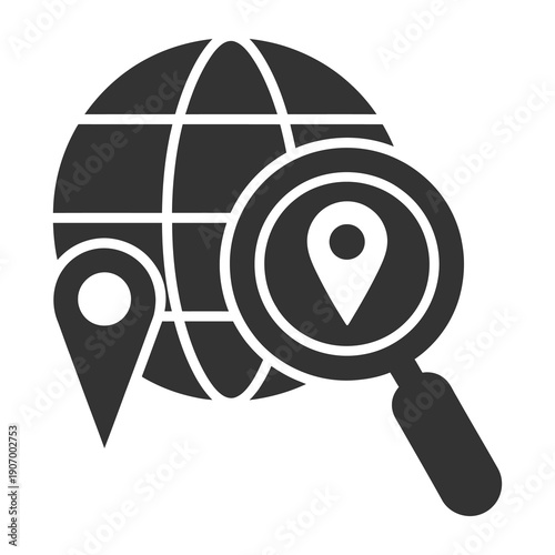 Blackandwhite icon of magnifying glass on world map with location pins icon