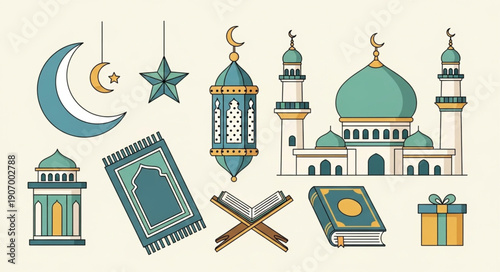 Islamic cultural symbols and mosque illustration.