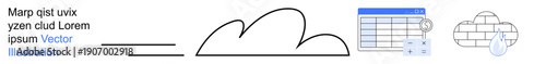 Cloud computing, data storage, digital workflows, technology integration, online database, cloud services. Minimalist line drawing includes a cloud, data table and cloud storage icon