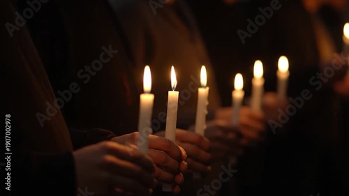People holding lit candles in the dark. Warm light illuminates the hands and the candles
