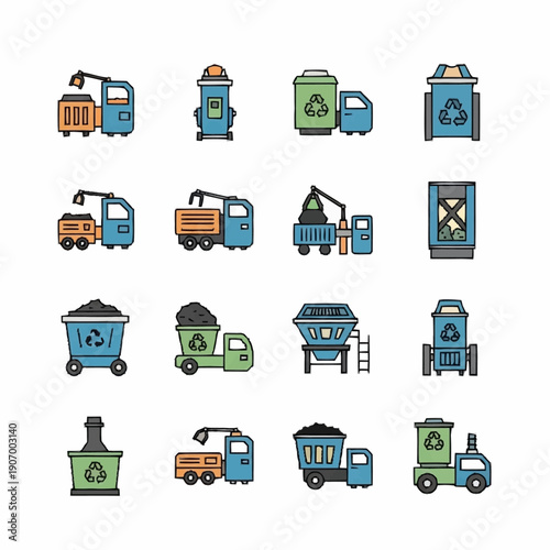 Collection of recycling and waste management vehicles and bins, illustrating environmental conservation efforts.