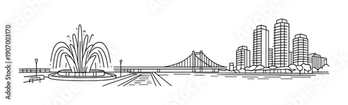 Minimalist cityscape with bridge and fountain on dark background