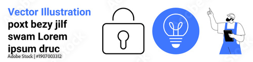 Cybersecurity, innovation, design thinking, presentation tools, education, creativity. Padlock and light bulb icons with a person pointing at a screen. Cybersecurity and innovation s
