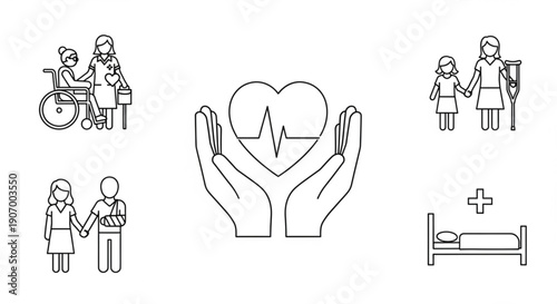 Healthcare icons representing various medical scenes and emotions