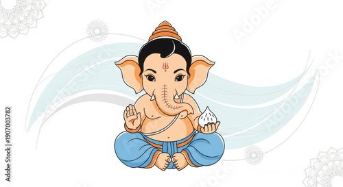 Cartoon Ganesha sitting in lotus position with sweet in hand