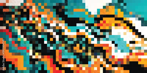 Abstract Pixelated Art with Vibrant Orange and Teal Colors.