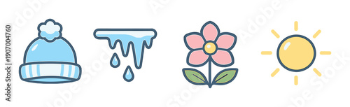 Seasonal icons: winter hat, ice, spring flower, summer sun