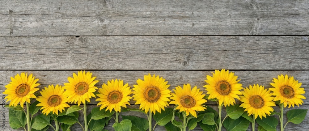 Obraz premium Cheerful sunflower garden blooms rustic wooden background nature photography bright environment eye-level view floral symbolism of happiness and growth