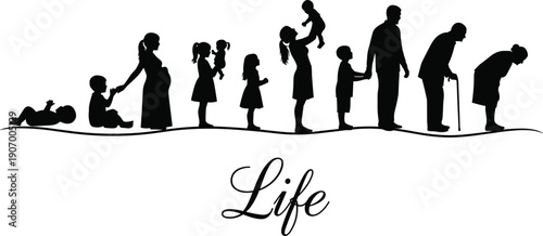 Human life cycle silhouette family stages from baby childhood adulthood to old age black vector illustration isolated on white background