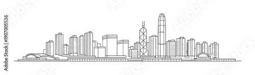 Minimalist city skyline drawing with skyscrapers and towers on black background